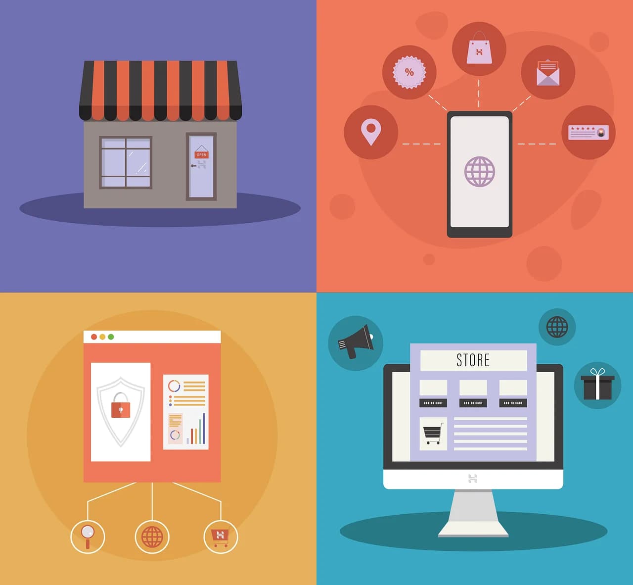 Illustration des services AWA: commerce local, mobile, sécurité et boutique en ligne